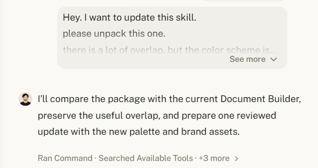 Agent chat: a colleague asks the agent to update a skill and the agent answers with its plan, then runs commands and searches the available tools