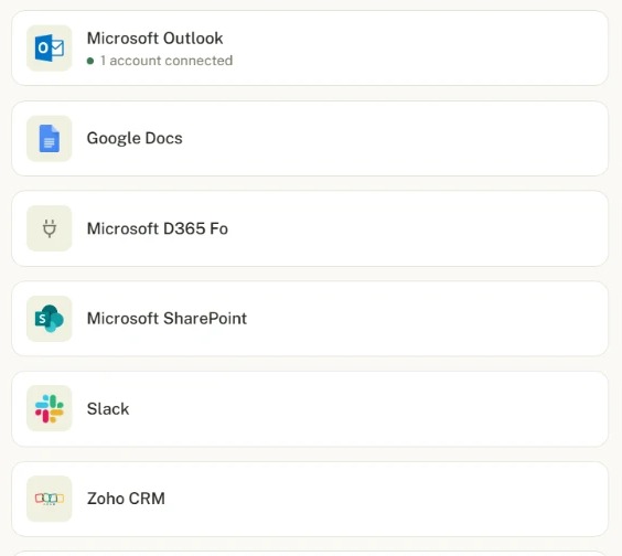 Connections in the Lleverage workspace: Microsoft Outlook with an account connected, Google Docs, Microsoft Dynamics 365, Microsoft SharePoint, Slack and Zoho CRM
