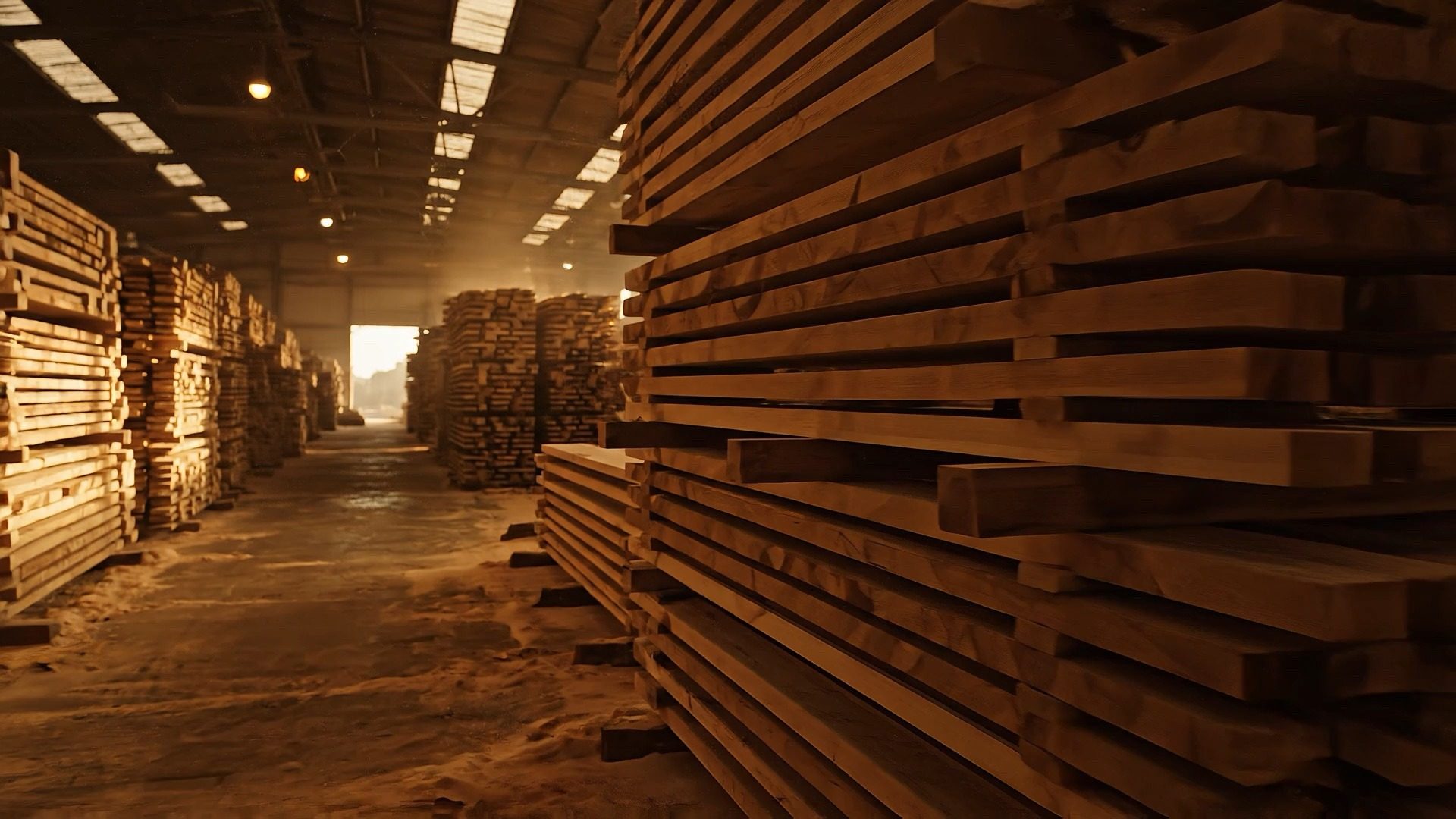 Stacks of sawn timber in a storage hall, with daylight coming through the open far end