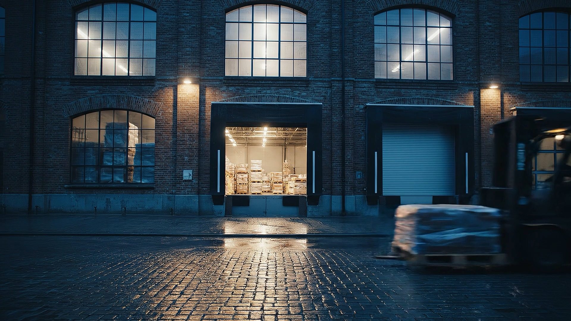 Forklift carrying a wrapped pallet past the lit loading dock of a brick warehouse at dusk