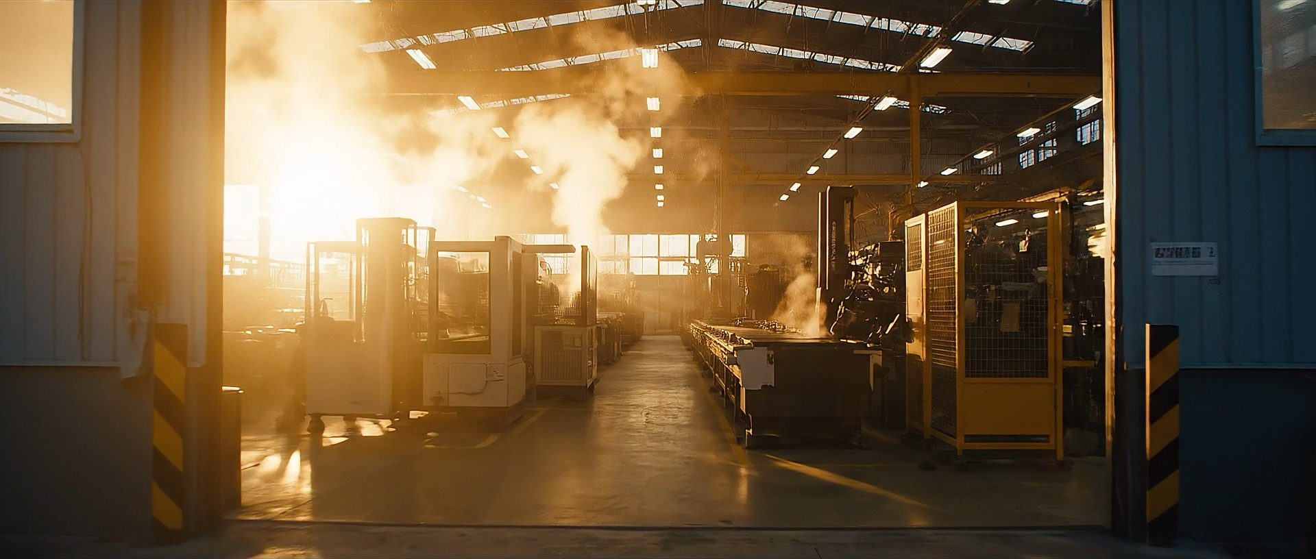 A production hall with machines at sunrise, seen through the open loading door