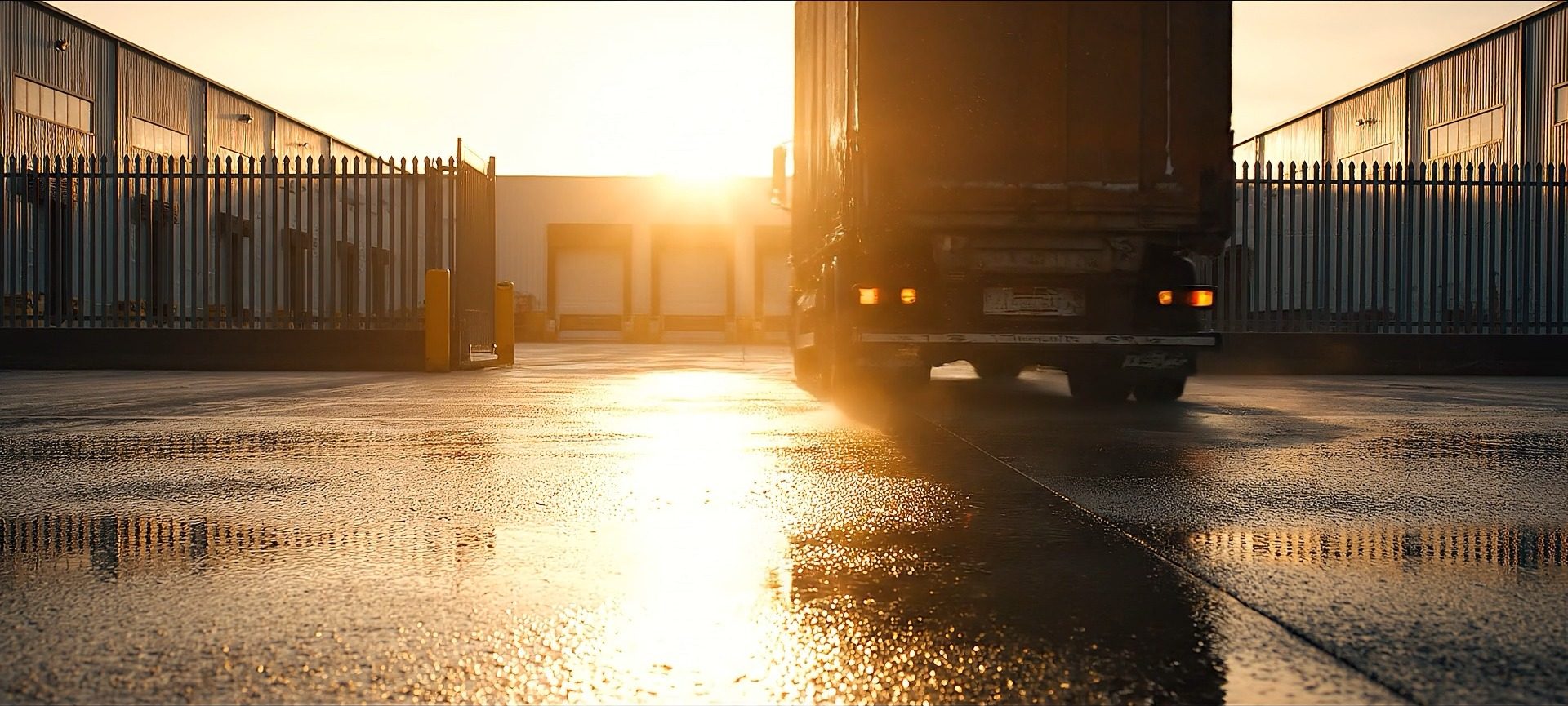 Truck driving through the gate of a distribution centre towards the loading docks in low sun