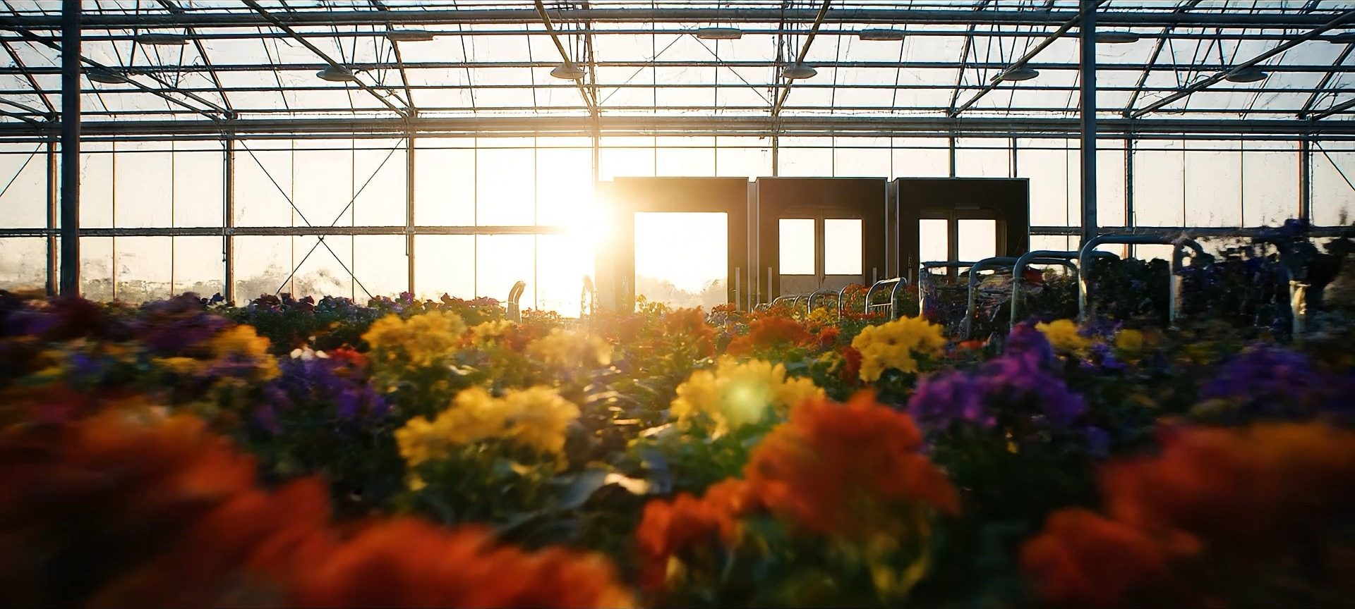 Flowering plants in a greenhouse in low sun, with trolleys lined up by the loading doors