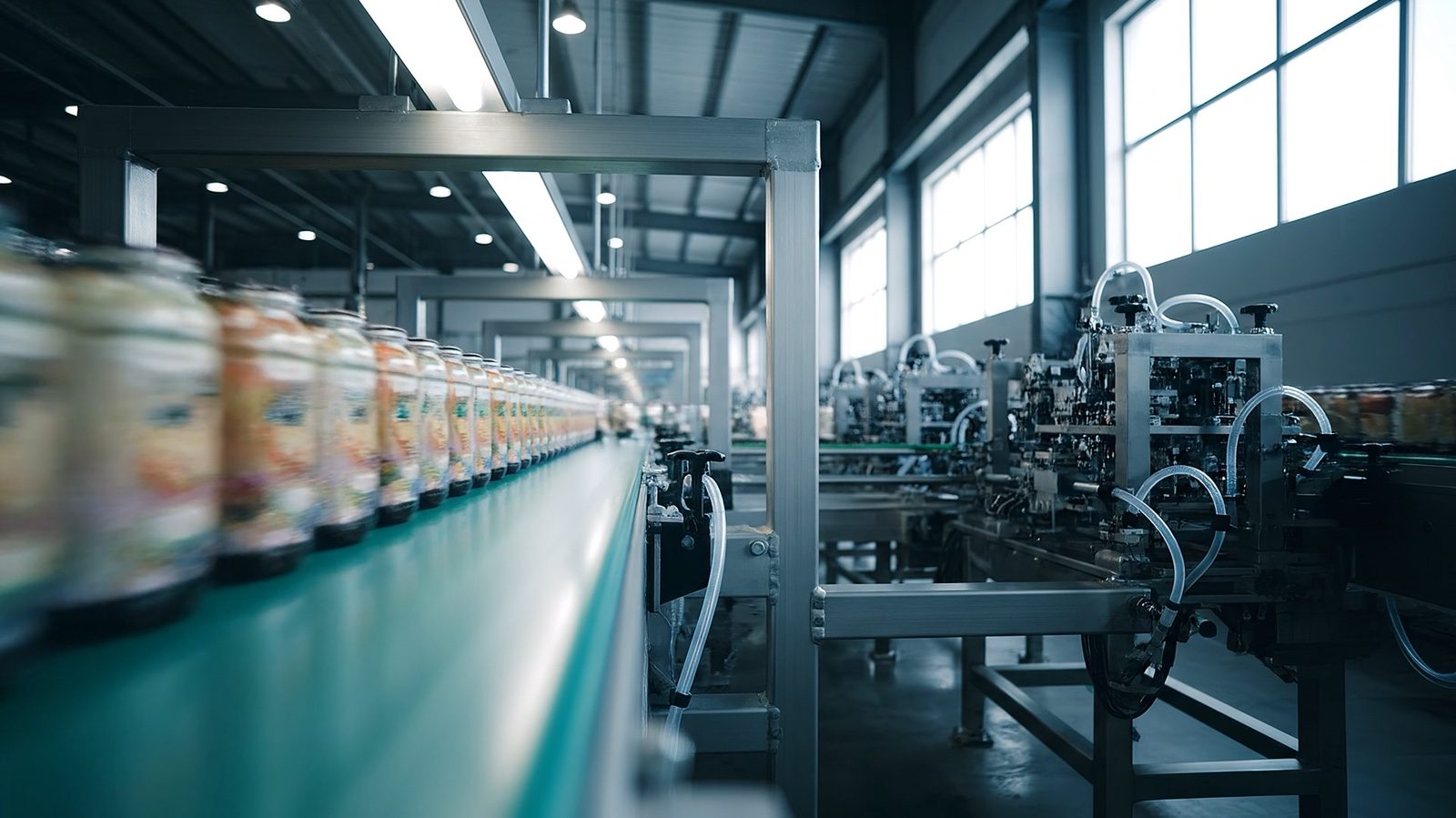 Glass jars moving along a conveyor on a food production line