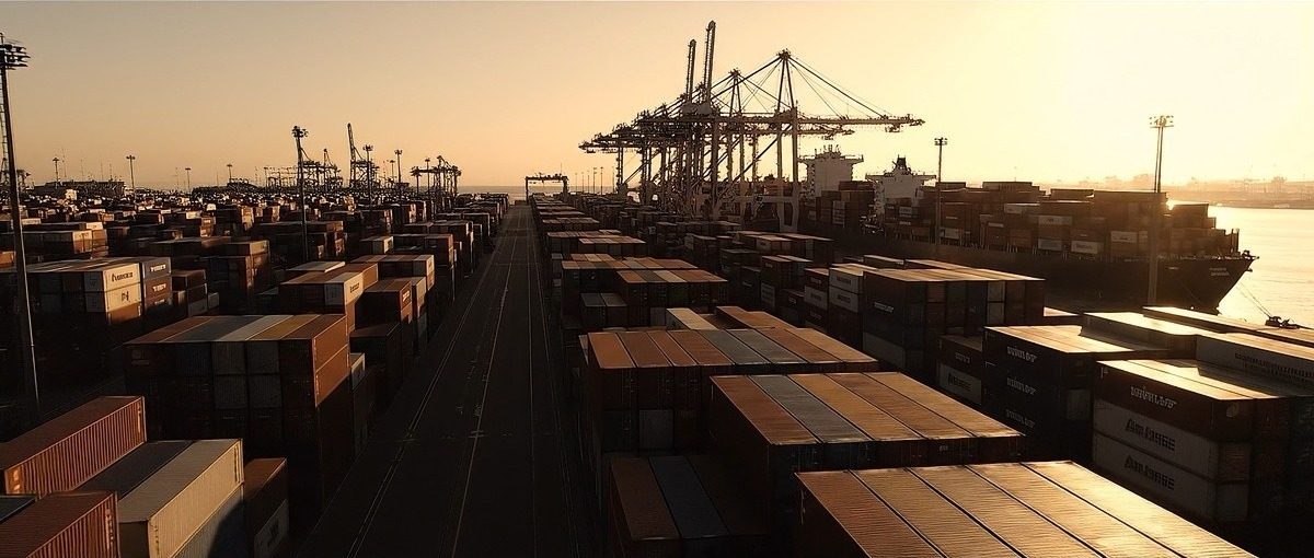 Container terminal at sunset with ship-to-shore cranes over stacked containers and a moored cargo ship