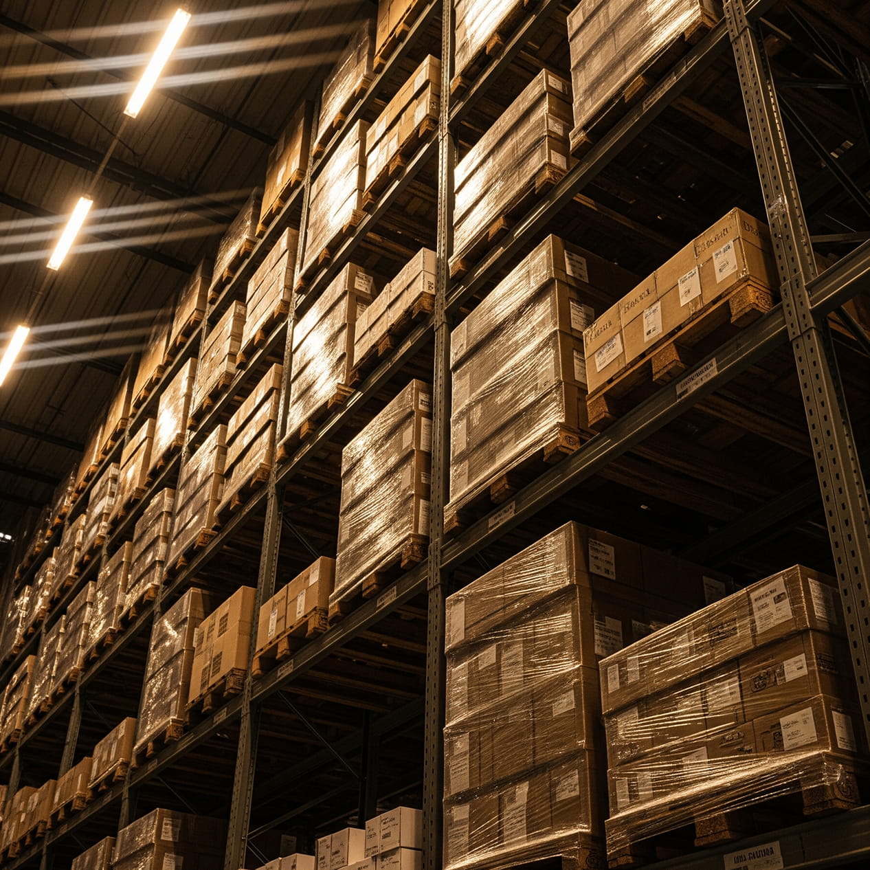 Pallet racking in a distribution warehouse