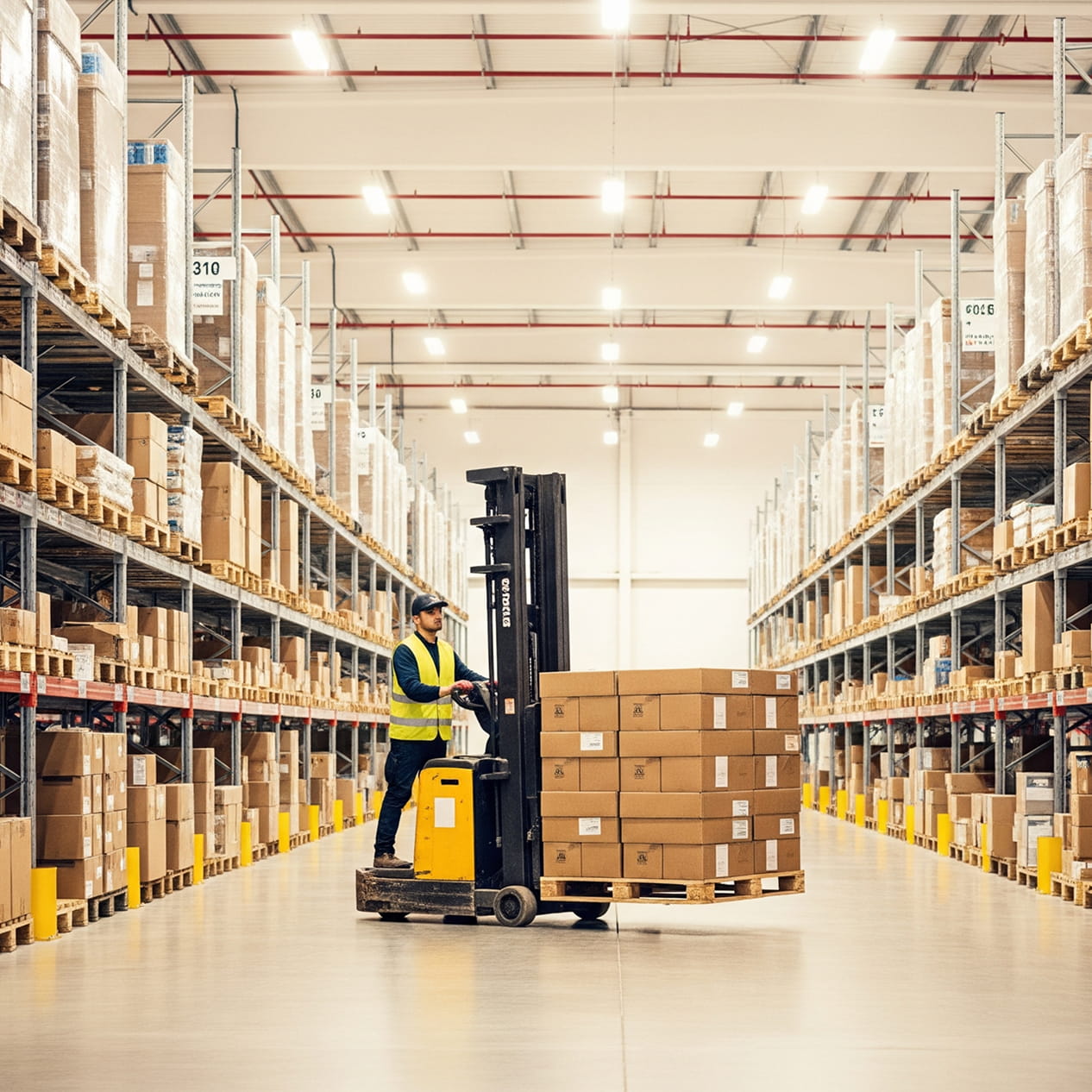Forklift moving boxes through a warehouse aisle