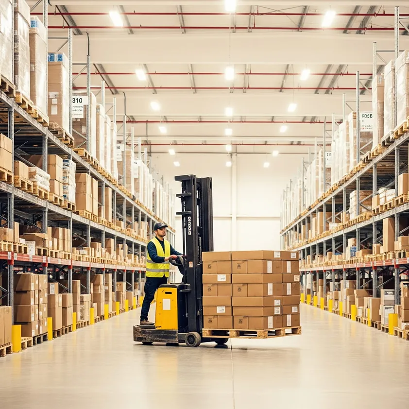 Forklift moving boxes through a warehouse aisle